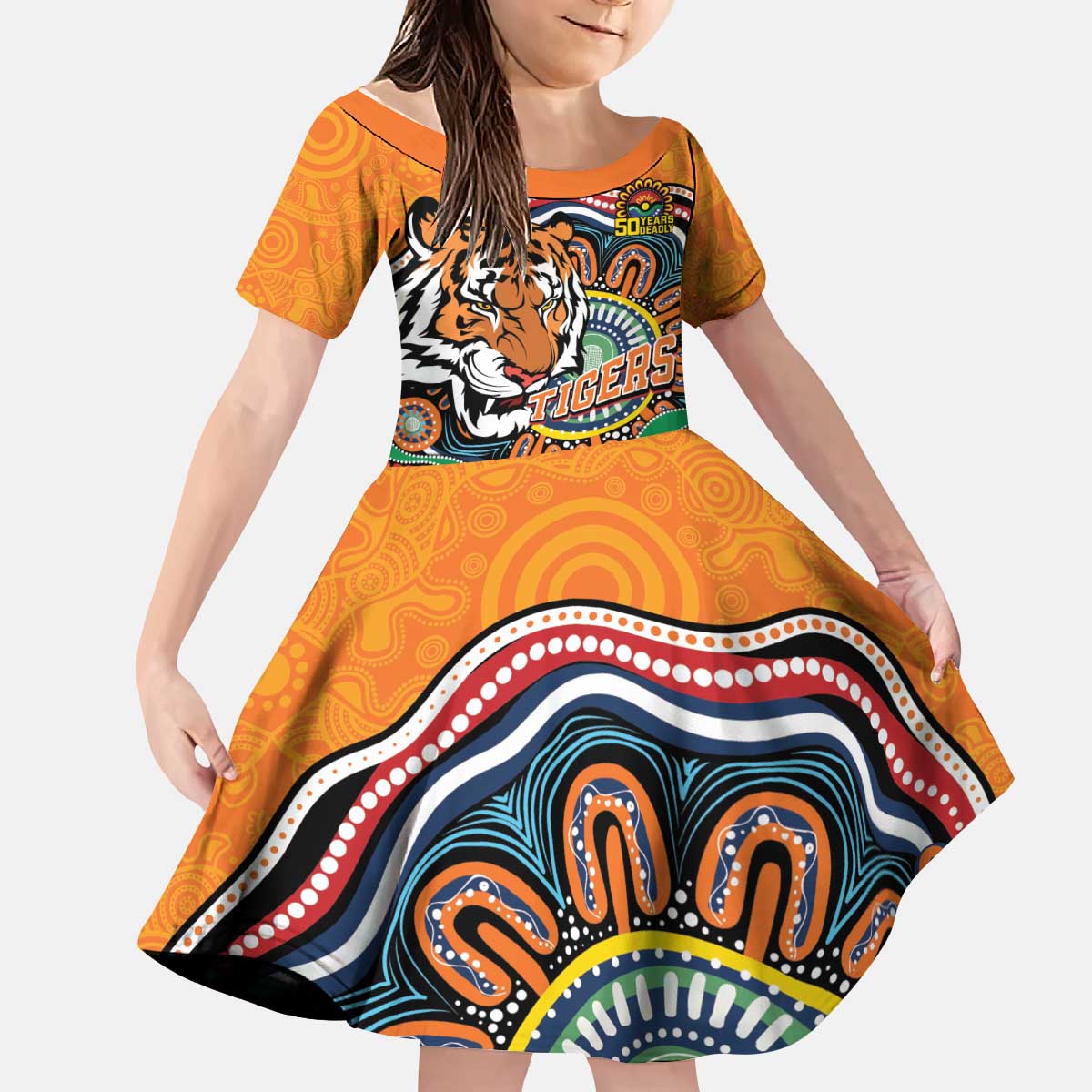 Custom Tigers Honouring First Nations Kid Short Sleeve Dress NAIDOC 2026 Deadly 50 Years