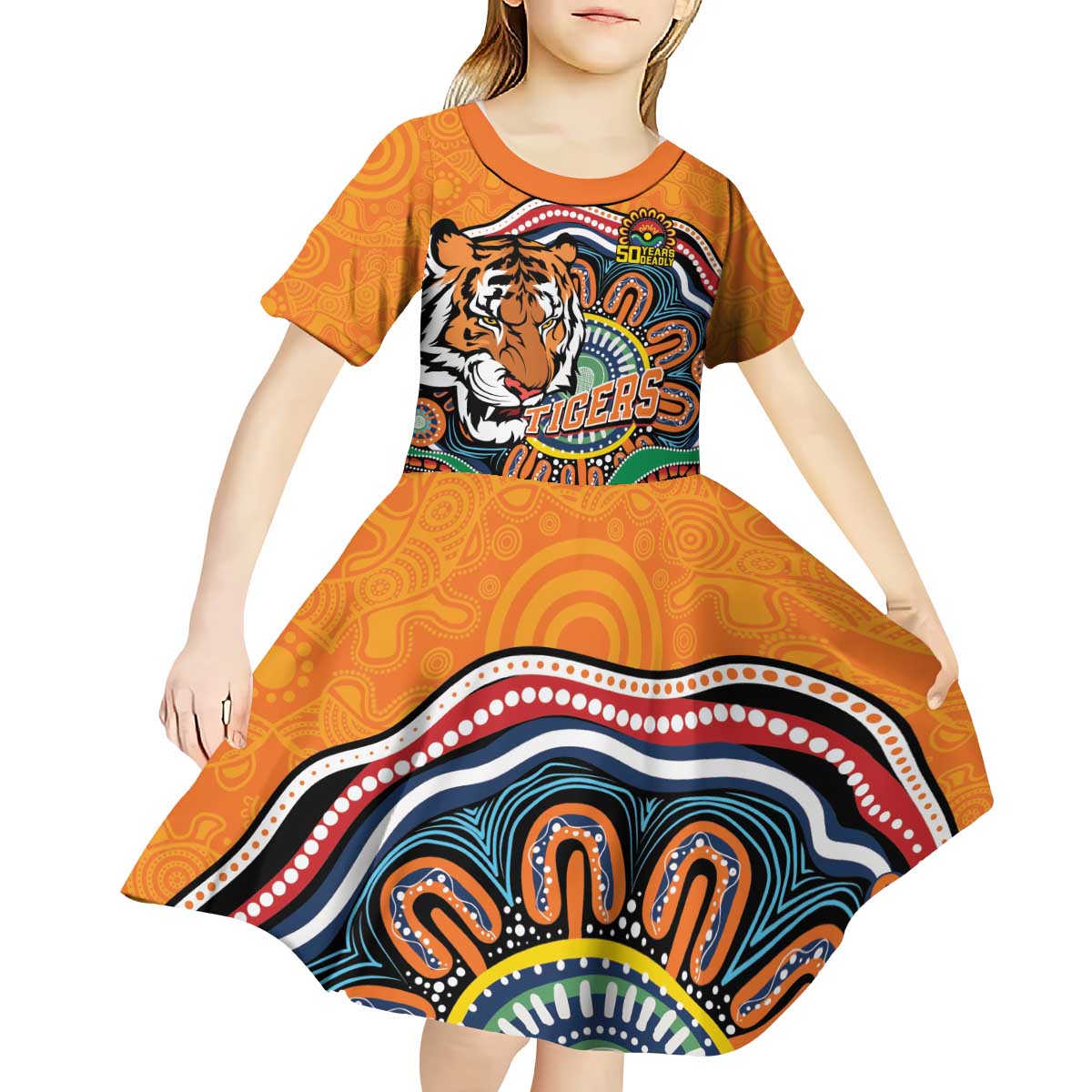 Custom Tigers Honouring First Nations Kid Short Sleeve Dress NAIDOC 2026 Deadly 50 Years