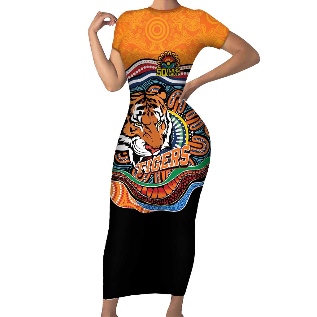 Custom Tigers Honouring First Nations Short Sleeve Bodycon Dress NAIDOC 2026 Deadly 50 Years