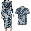 Magpies Aboriginal Art Couples Matching Long Sleeve Bodycon Dress and Hawaiian Shirt