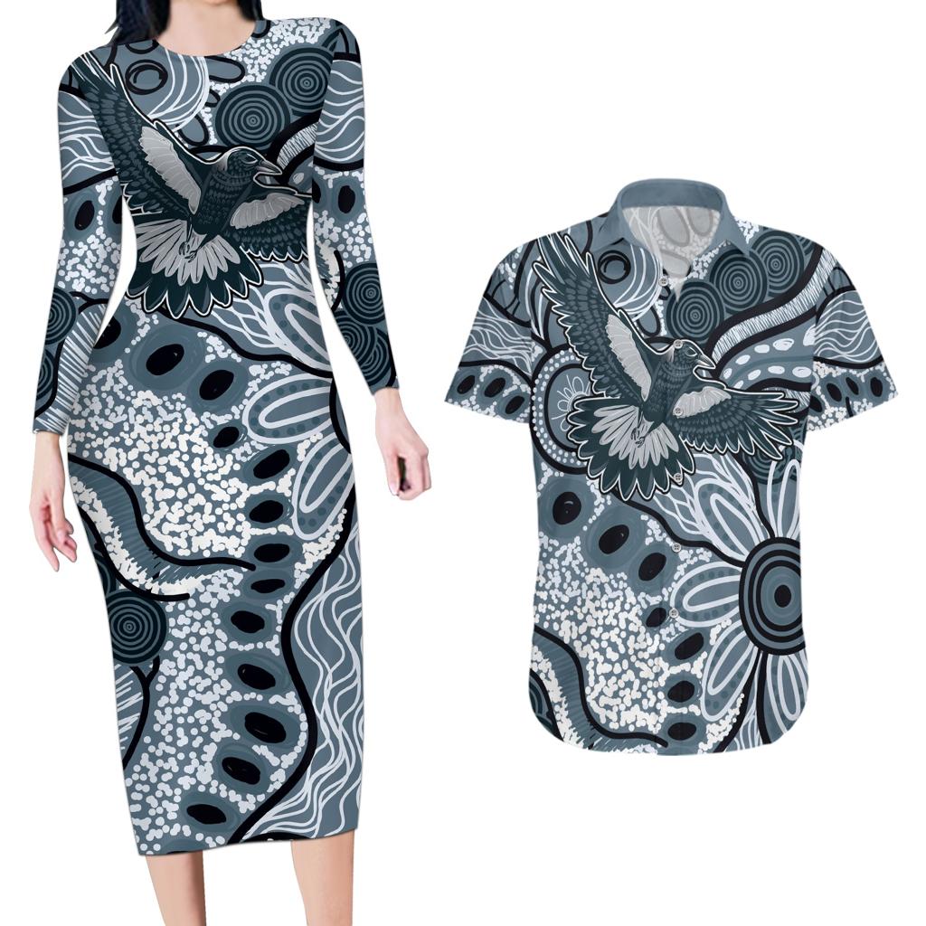 Magpies Aboriginal Art Couples Matching Long Sleeve Bodycon Dress and Hawaiian Shirt