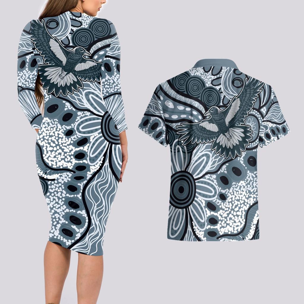 Magpies Aboriginal Art Couples Matching Long Sleeve Bodycon Dress and Hawaiian Shirt