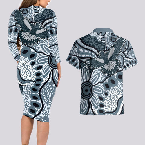 Magpies Aboriginal Art Couples Matching Long Sleeve Bodycon Dress and Hawaiian Shirt