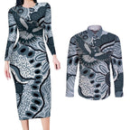 Magpies Aboriginal Art Couples Matching Long Sleeve Bodycon Dress and Long Sleeve Button Shirt