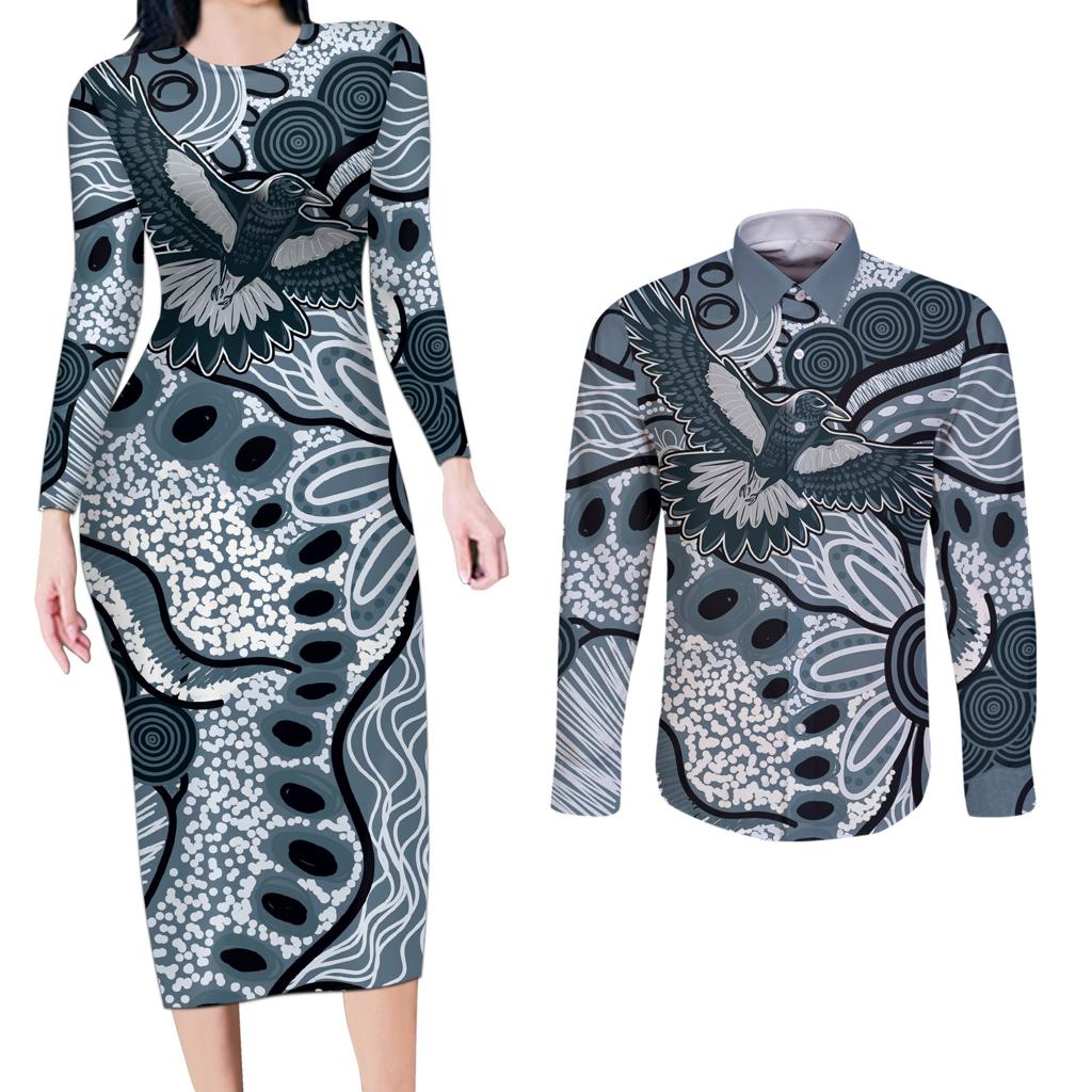 Magpies Aboriginal Art Couples Matching Long Sleeve Bodycon Dress and Long Sleeve Button Shirt