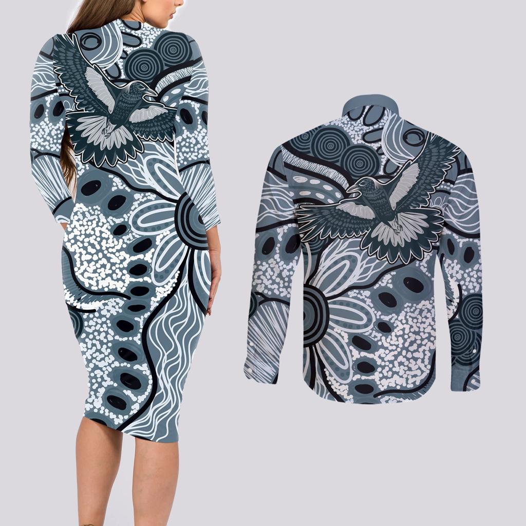 Magpies Aboriginal Art Couples Matching Long Sleeve Bodycon Dress and Long Sleeve Button Shirt