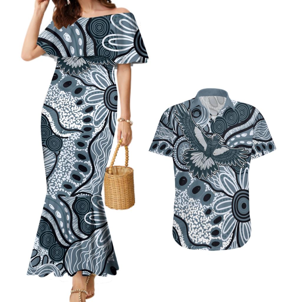Magpies Aboriginal Art Couples Matching Mermaid Dress and Hawaiian Shirt