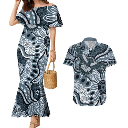 Magpies Aboriginal Art Couples Matching Mermaid Dress and Hawaiian Shirt