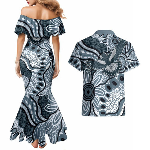 Magpies Aboriginal Art Couples Matching Mermaid Dress and Hawaiian Shirt