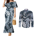 Magpies Aboriginal Art Couples Matching Mermaid Dress and Long Sleeve Button Shirt