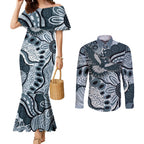 Magpies Aboriginal Art Couples Matching Mermaid Dress and Long Sleeve Button Shirt