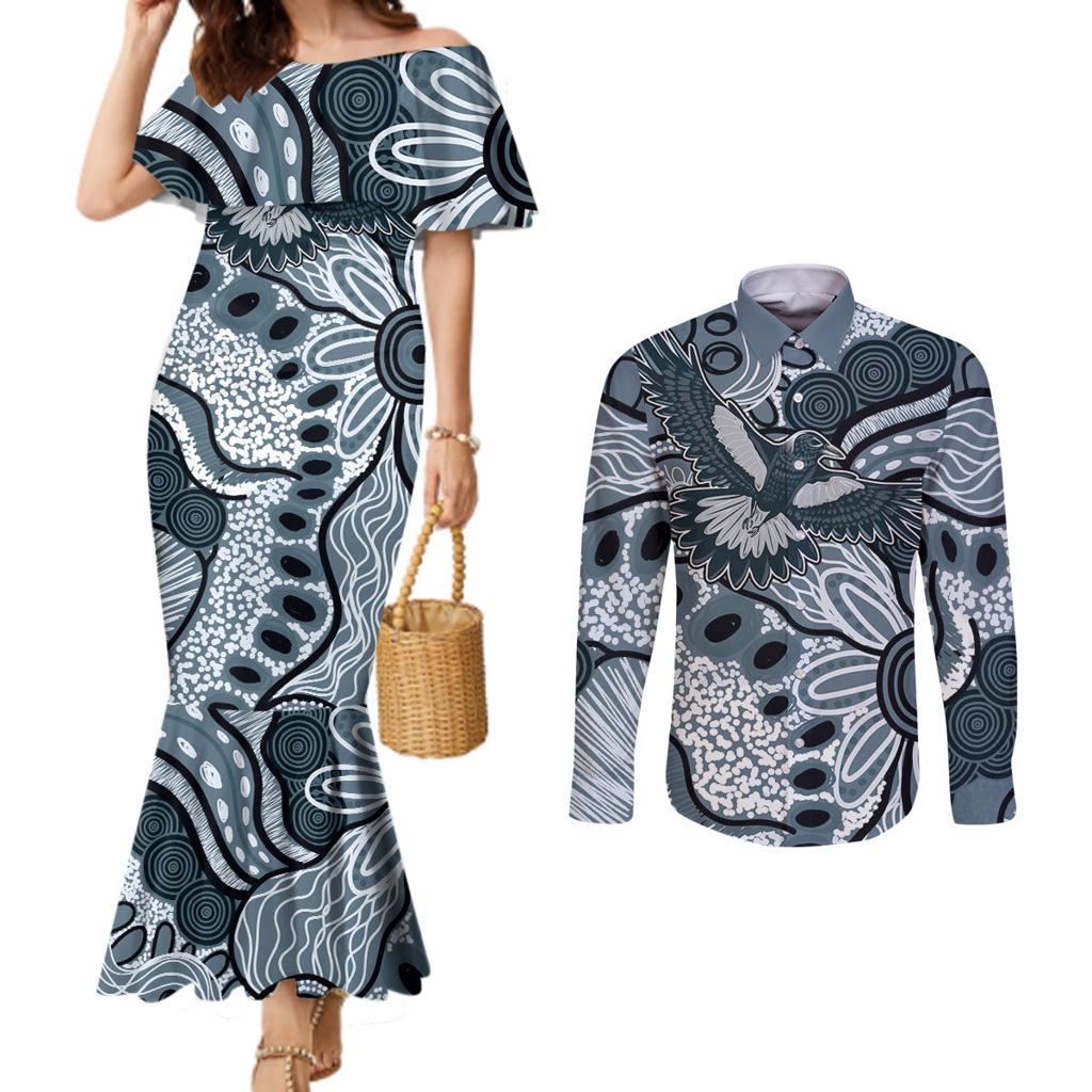 Magpies Aboriginal Art Couples Matching Mermaid Dress and Long Sleeve Button Shirt