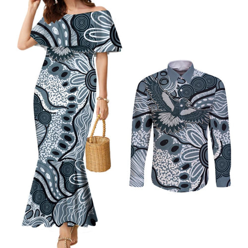 Magpies Aboriginal Art Couples Matching Mermaid Dress and Long Sleeve Button Shirt