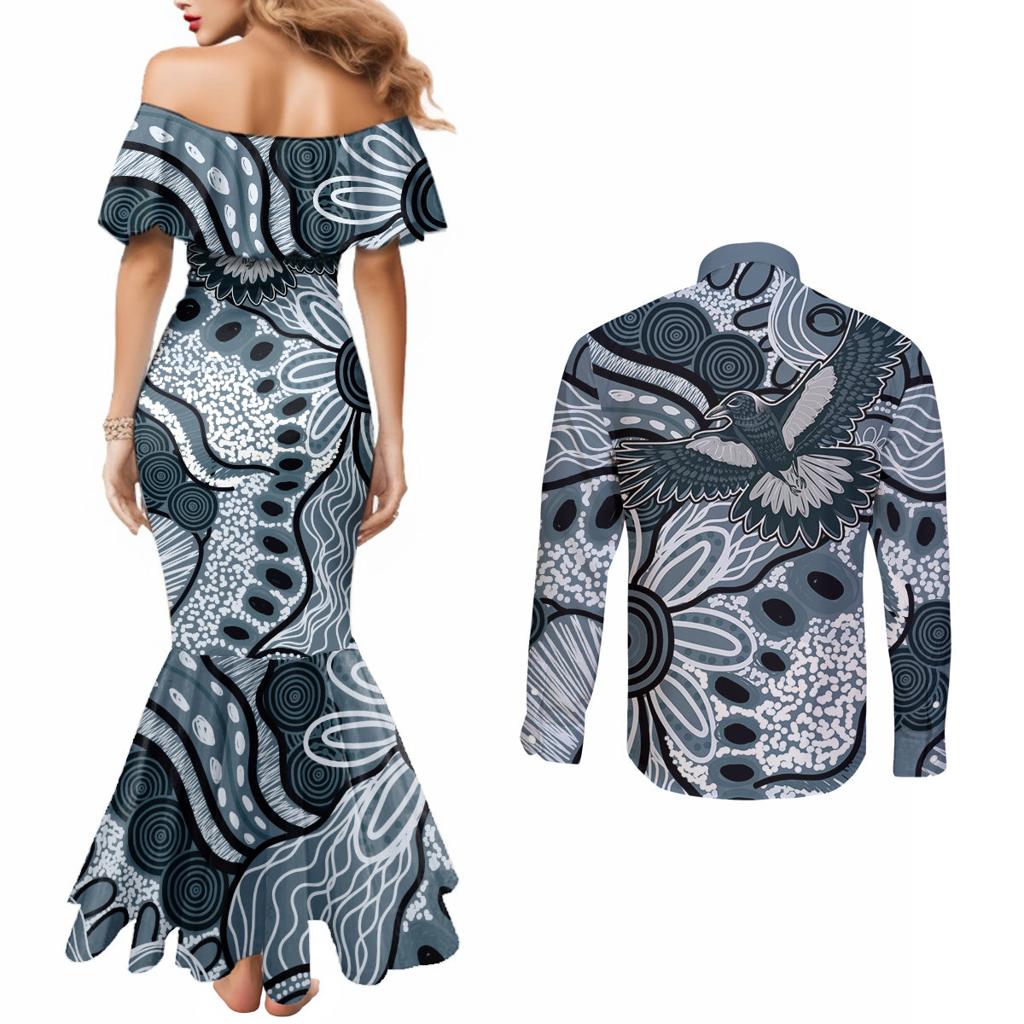 Magpies Aboriginal Art Couples Matching Mermaid Dress and Long Sleeve Button Shirt