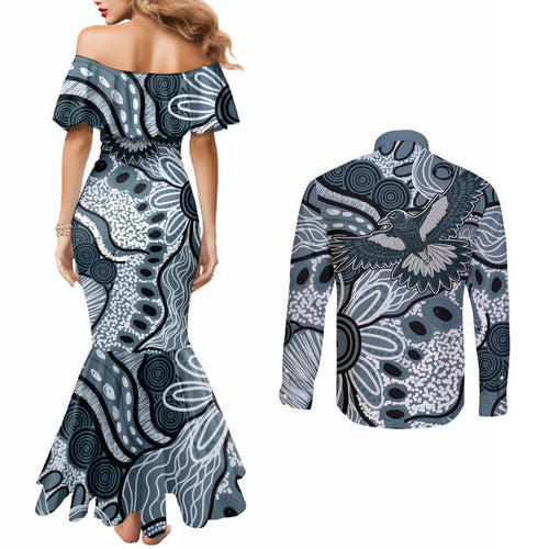 Magpies Aboriginal Art Couples Matching Mermaid Dress and Long Sleeve Button Shirt