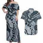 Magpies Aboriginal Art Couples Matching Off Shoulder Maxi Dress and Hawaiian Shirt