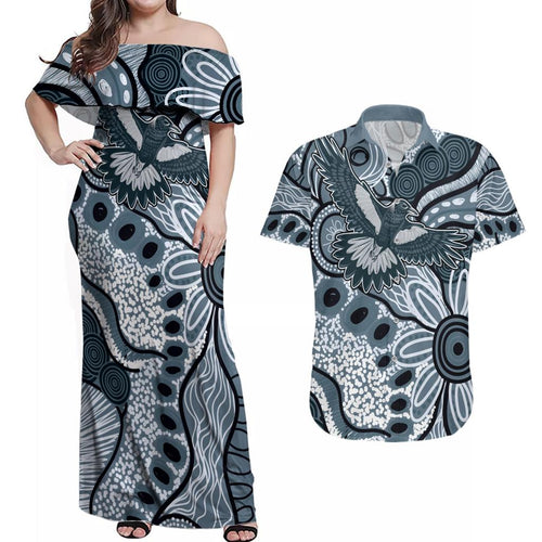 Magpies Aboriginal Art Couples Matching Off Shoulder Maxi Dress and Hawaiian Shirt