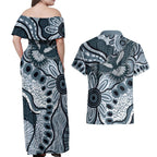 Magpies Aboriginal Art Couples Matching Off Shoulder Maxi Dress and Hawaiian Shirt