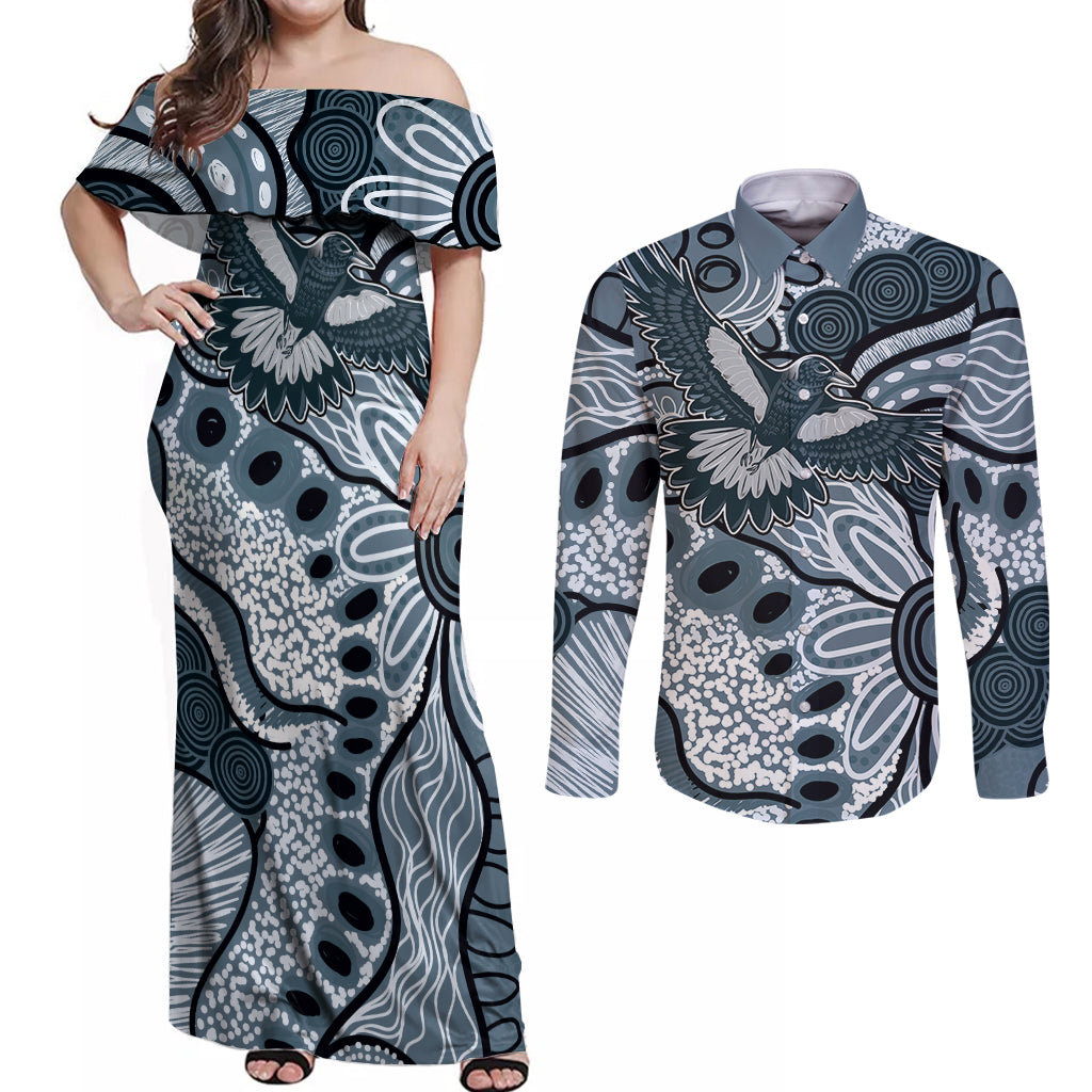 Magpies Aboriginal Art Couples Matching Off Shoulder Maxi Dress and Long Sleeve Button Shirt