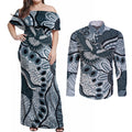 Magpies Aboriginal Art Couples Matching Off Shoulder Maxi Dress and Long Sleeve Button Shirt