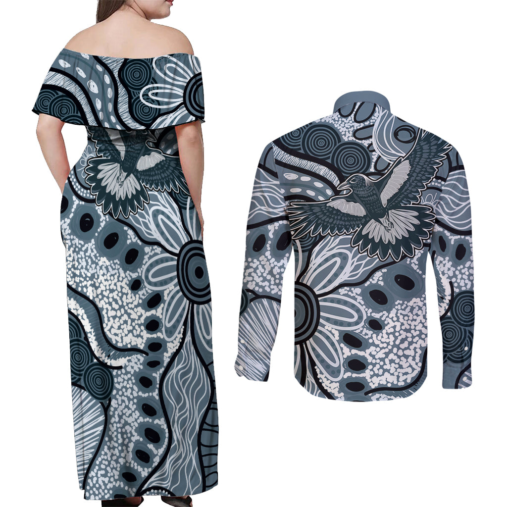 Magpies Aboriginal Art Couples Matching Off Shoulder Maxi Dress and Long Sleeve Button Shirt