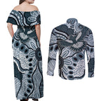 Magpies Aboriginal Art Couples Matching Off Shoulder Maxi Dress and Long Sleeve Button Shirt