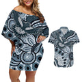 Magpies Aboriginal Art Couples Matching Off Shoulder Short Dress and Hawaiian Shirt