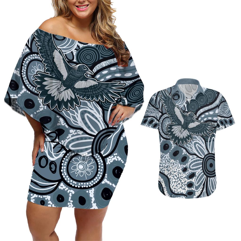 Magpies Aboriginal Art Couples Matching Off Shoulder Short Dress and Hawaiian Shirt