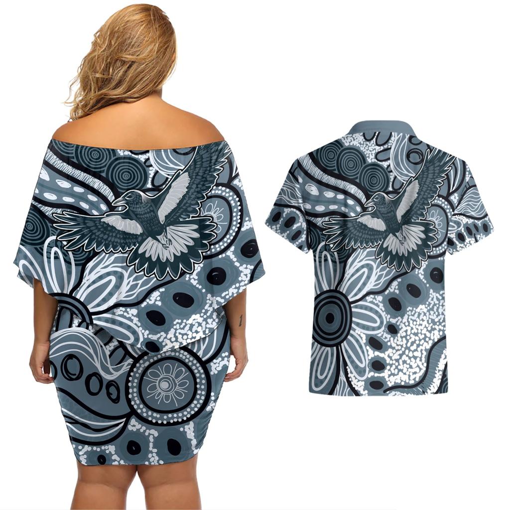 Magpies Aboriginal Art Couples Matching Off Shoulder Short Dress and Hawaiian Shirt