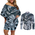 Magpies Aboriginal Art Couples Matching Off Shoulder Short Dress and Long Sleeve Button Shirt