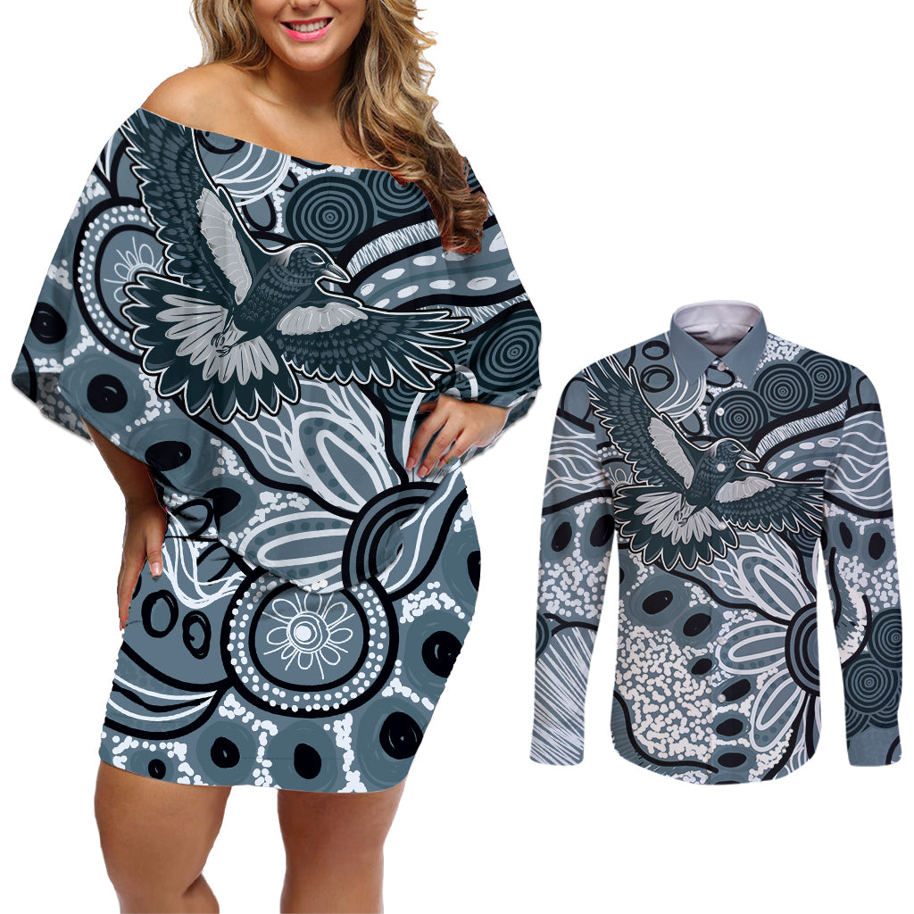 Magpies Aboriginal Art Couples Matching Off Shoulder Short Dress and Long Sleeve Button Shirt