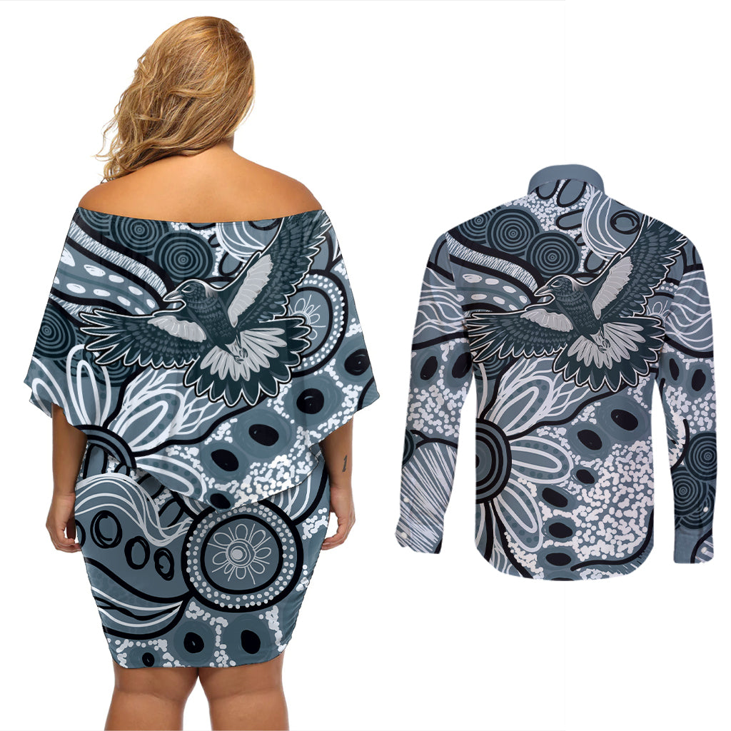 Magpies Aboriginal Art Couples Matching Off Shoulder Short Dress and Long Sleeve Button Shirt
