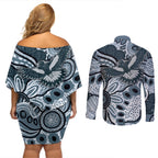 Magpies Aboriginal Art Couples Matching Off Shoulder Short Dress and Long Sleeve Button Shirt
