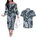 Magpies Aboriginal Art Couples Matching Off The Shoulder Long Sleeve Dress and Hawaiian Shirt