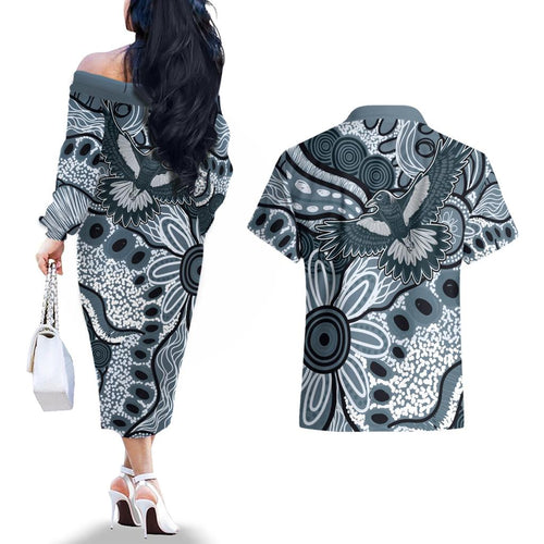 Magpies Aboriginal Art Couples Matching Off The Shoulder Long Sleeve Dress and Hawaiian Shirt