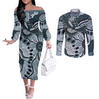 Magpies Aboriginal Art Couples Matching Off The Shoulder Long Sleeve Dress and Long Sleeve Button Shirt
