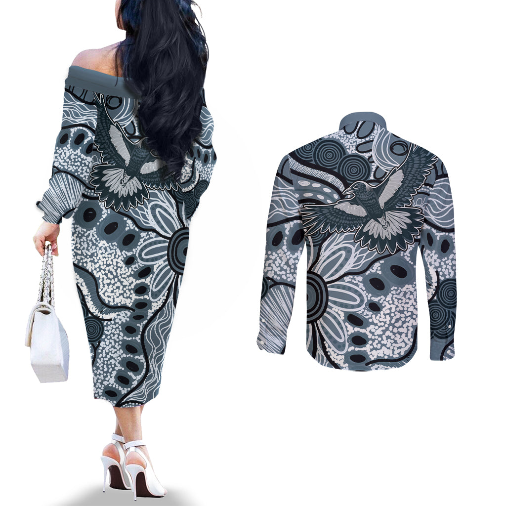 Magpies Aboriginal Art Couples Matching Off The Shoulder Long Sleeve Dress and Long Sleeve Button Shirt