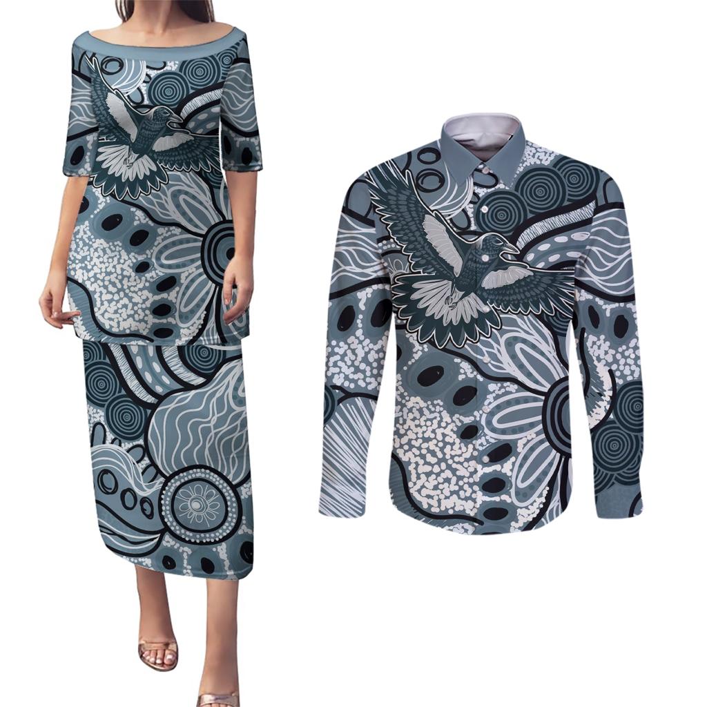 Magpies Aboriginal Art Couples Matching Puletasi and Long Sleeve Button Shirt