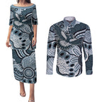 Magpies Aboriginal Art Couples Matching Puletasi and Long Sleeve Button Shirt