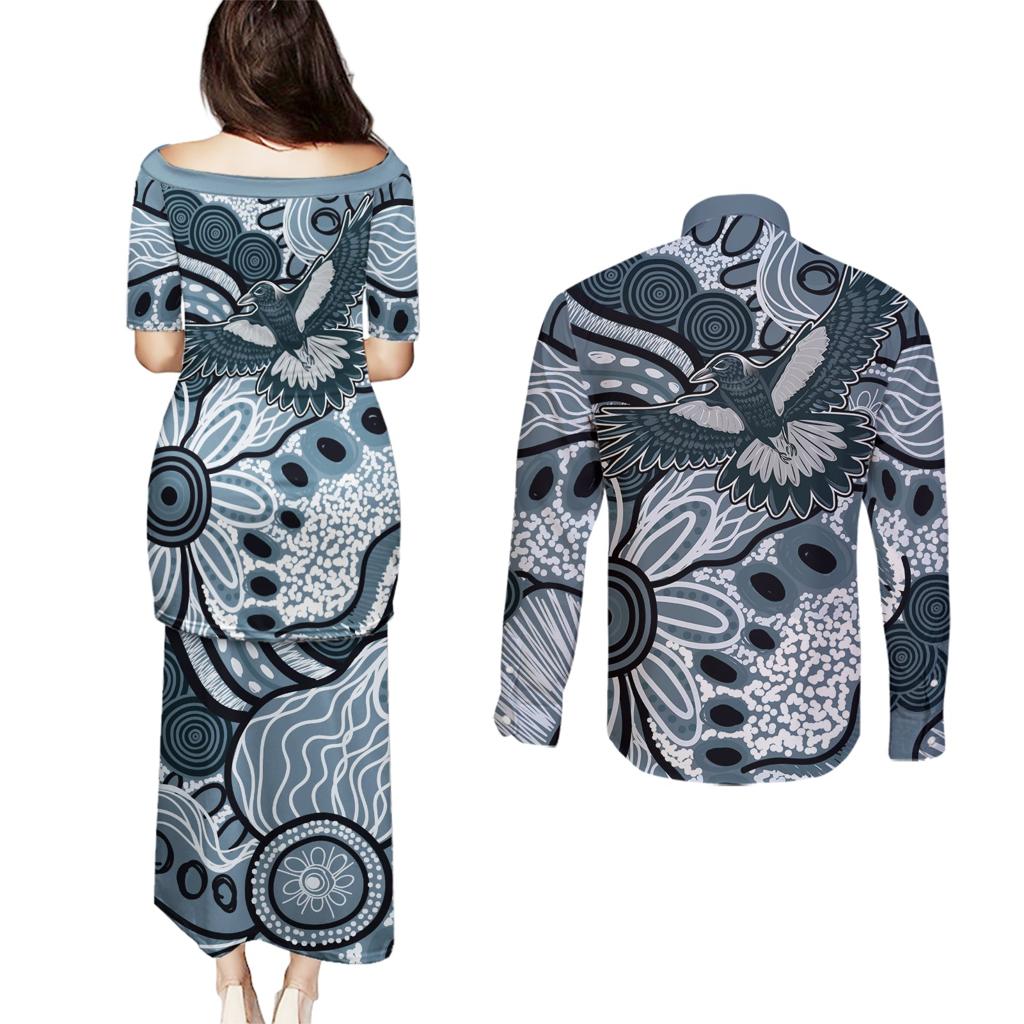 Magpies Aboriginal Art Couples Matching Puletasi and Long Sleeve Button Shirt