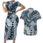 Magpies Aboriginal Art Couples Matching Short Sleeve Bodycon Dress and Hawaiian Shirt