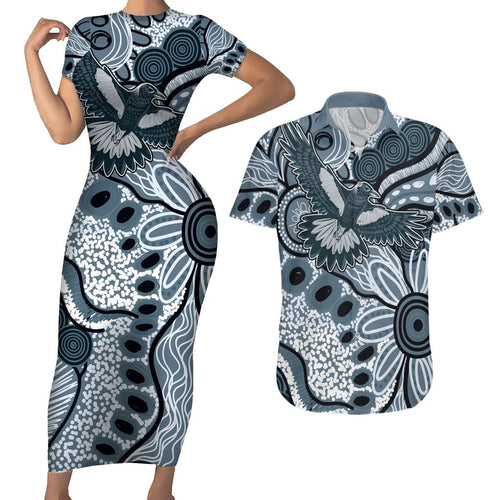 Magpies Aboriginal Art Couples Matching Short Sleeve Bodycon Dress and Hawaiian Shirt