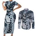Magpies Aboriginal Art Couples Matching Short Sleeve Bodycon Dress and Long Sleeve Button Shirt