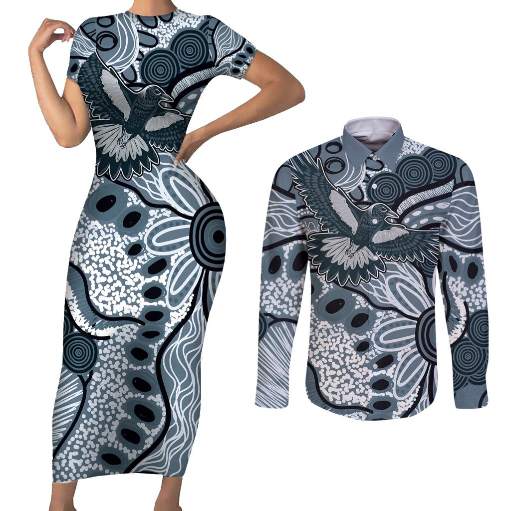 Magpies Aboriginal Art Couples Matching Short Sleeve Bodycon Dress and Long Sleeve Button Shirt