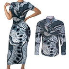 Magpies Aboriginal Art Couples Matching Short Sleeve Bodycon Dress and Long Sleeve Button Shirt