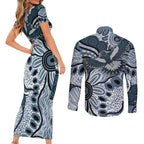 Magpies Aboriginal Art Couples Matching Short Sleeve Bodycon Dress and Long Sleeve Button Shirt