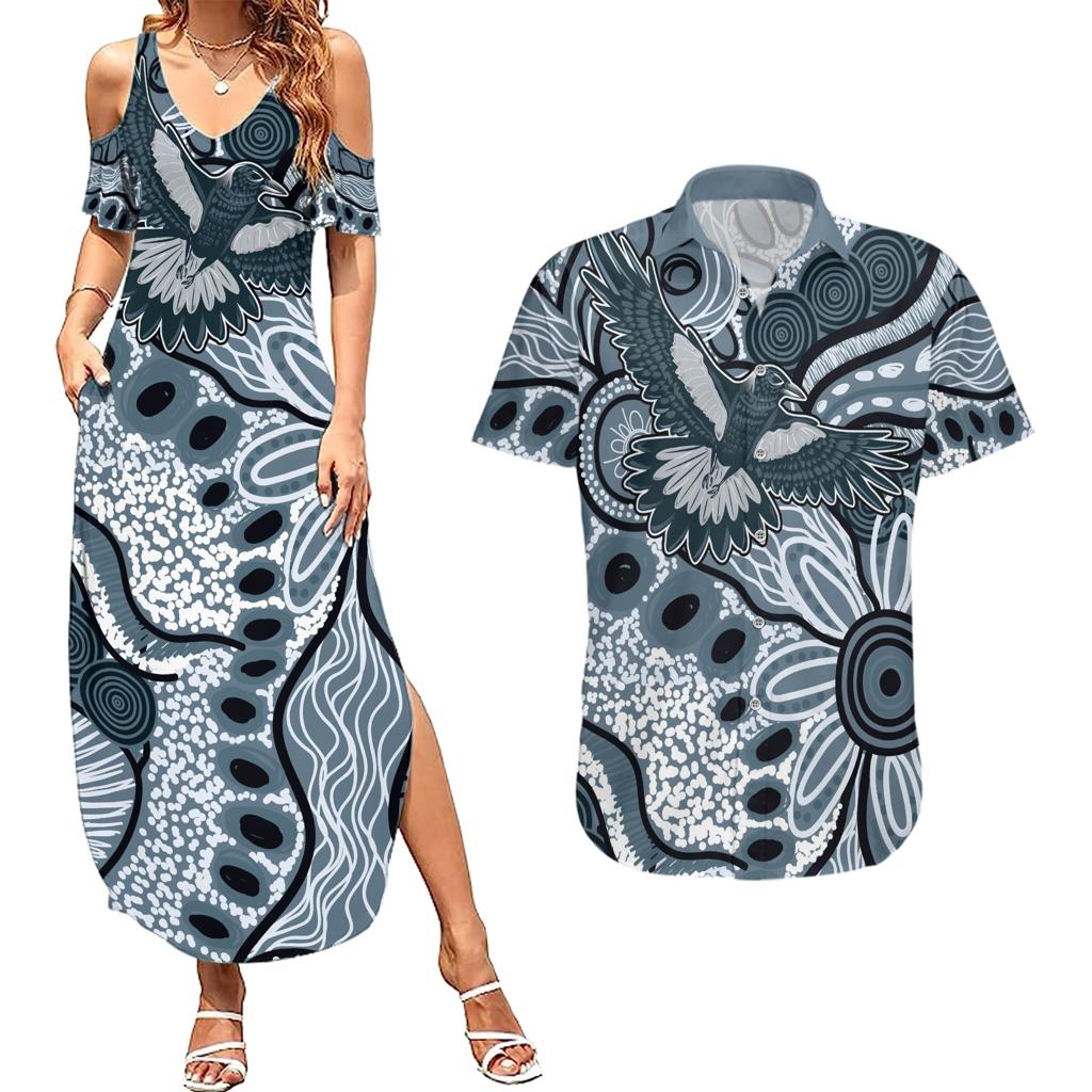 Magpies Aboriginal Art Couples Matching Summer Maxi Dress and Hawaiian Shirt