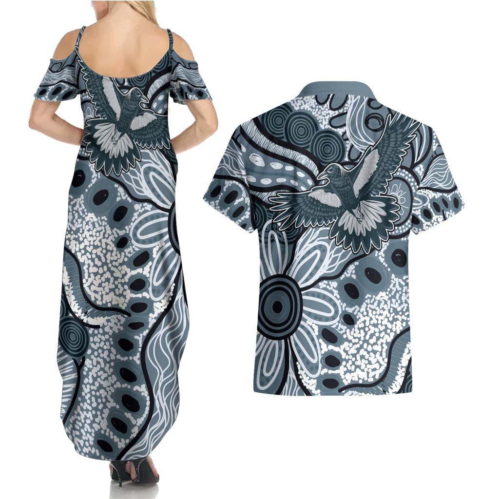 Magpies Aboriginal Art Couples Matching Summer Maxi Dress and Hawaiian Shirt