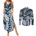 Magpies Aboriginal Art Couples Matching Summer Maxi Dress and Long Sleeve Button Shirt
