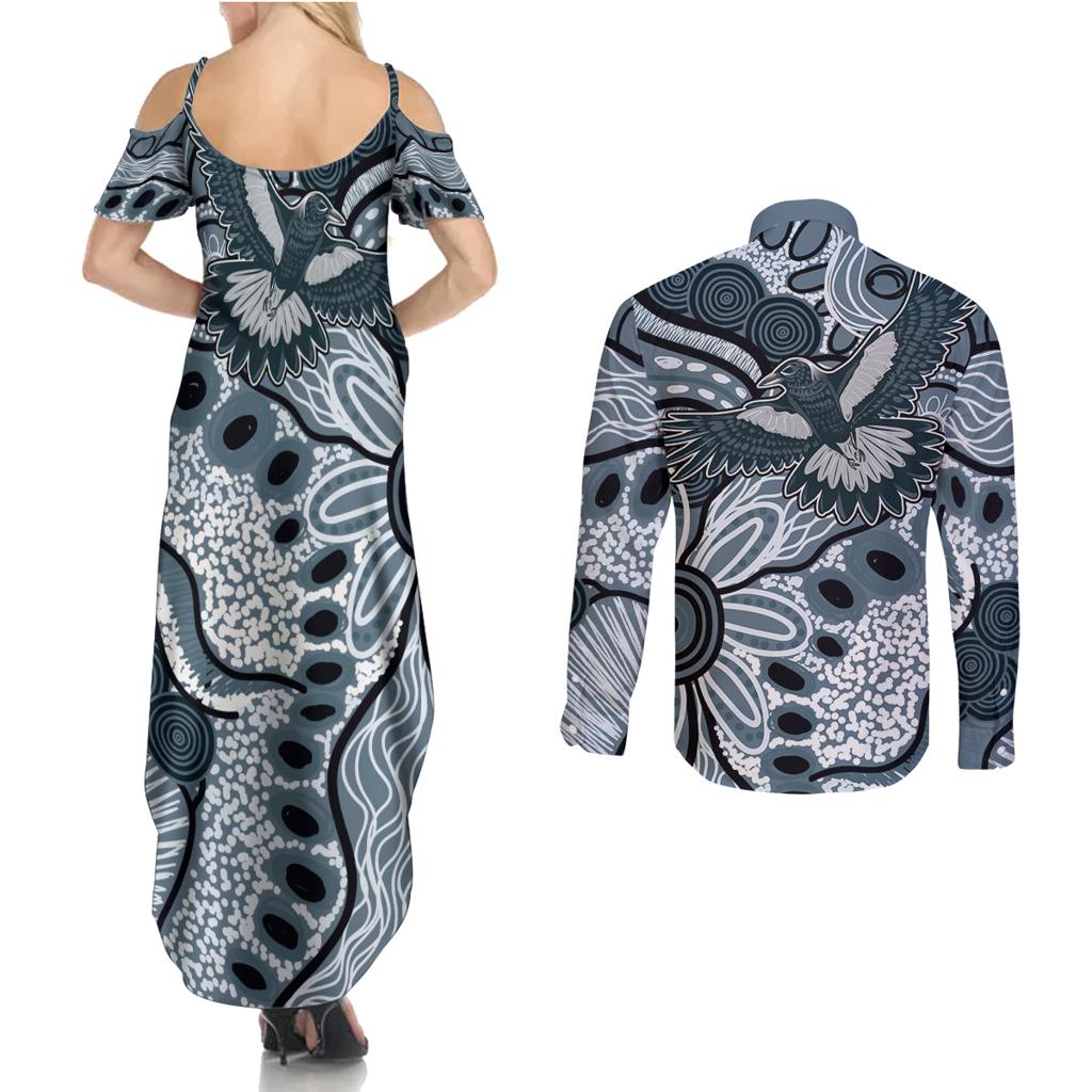 Magpies Aboriginal Art Couples Matching Summer Maxi Dress and Long Sleeve Button Shirt